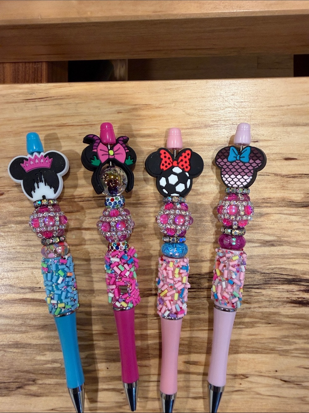 Cute -Inspired Pink & Blue Beaded Kids Pens - Set of 4. Disney heads.